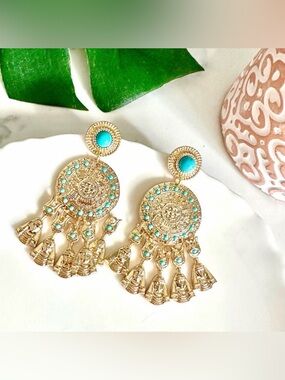 2/$30🌵 Blue Stone Gold Pharoah Egyptian Earrings Tribal Jewelry Gift Boho NEW